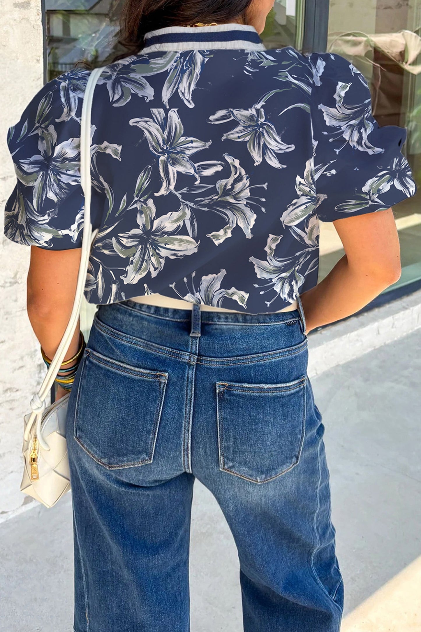 Floral Stripe Trim V-Neck Blouse