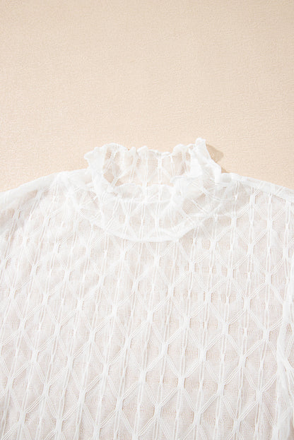 Sheer Mesh Lettuce Trim Long Sleeve Top