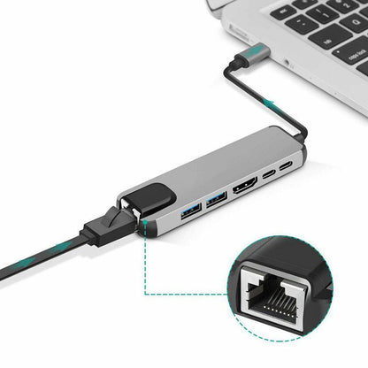 Type C 6-in-1 Hub: HDMI, USB3.0, PD, RJ45 Adapter