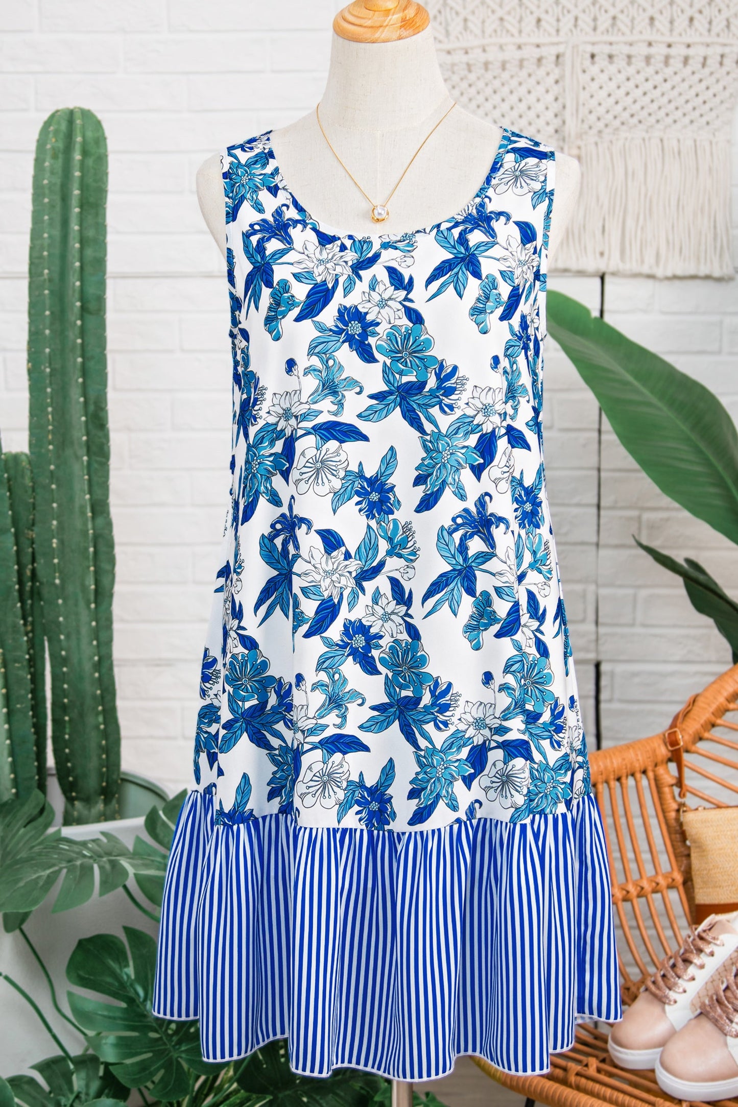 Floral Scoop-Neck Sleeveless Stripe Ruffle-Hem Dress