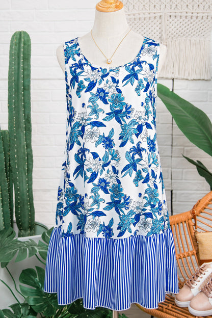Floral Scoop-Neck Sleeveless Stripe Ruffle-Hem Dress