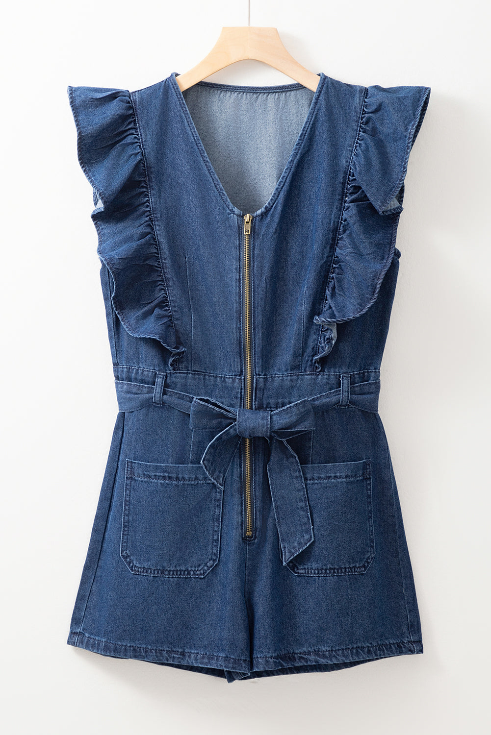 Denim Ruffle Zip Front Belted Romper