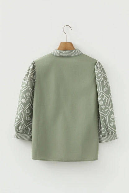 Floral Puff Sleeve Contrast V-Neck Patchwork Blouse