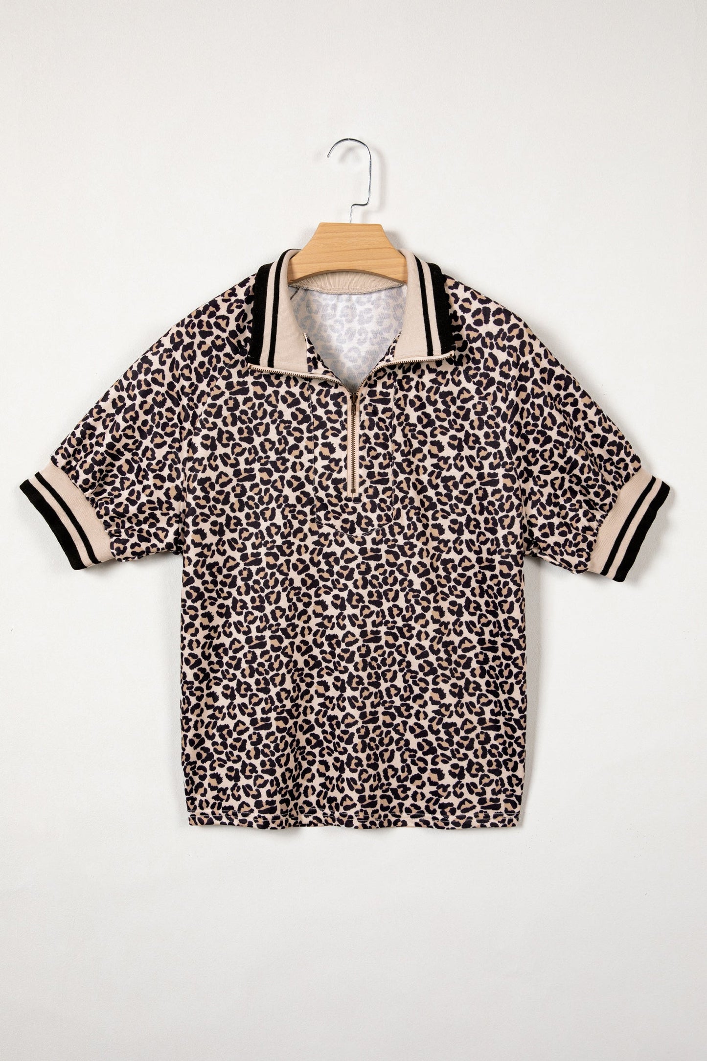 Leopard Half Zip Stripe Short Sleeve Top