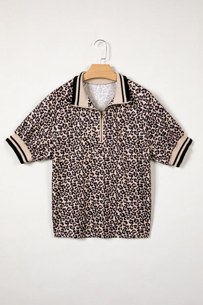 Leopard Half Zip Stripe Short Sleeve Top