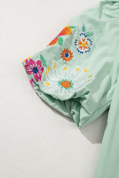 Floral Embroidered Puff Sleeve Blouse