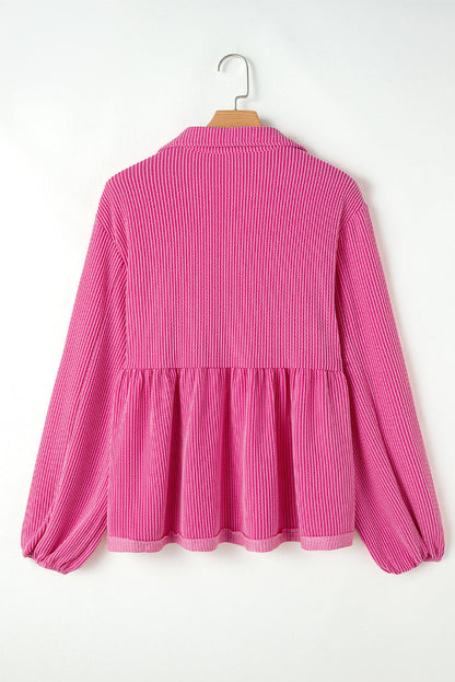 Corded V-Neck Bubble Sleeve Babydoll Blouse