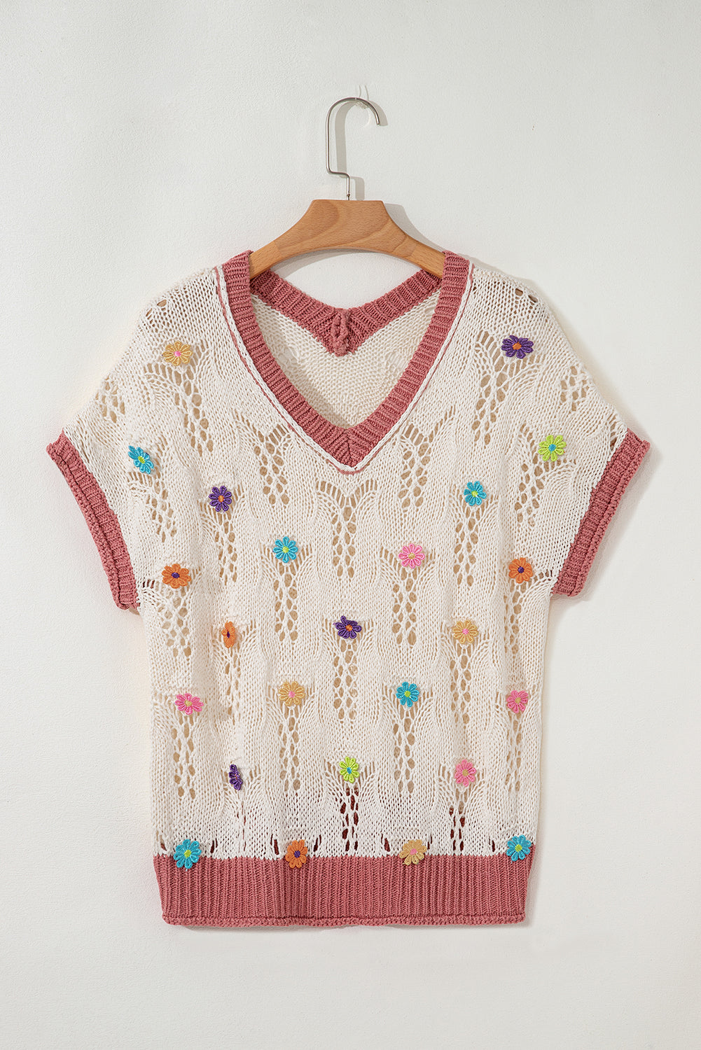 Flowers Embroidered Colorblock Edge Hollowed Sweater