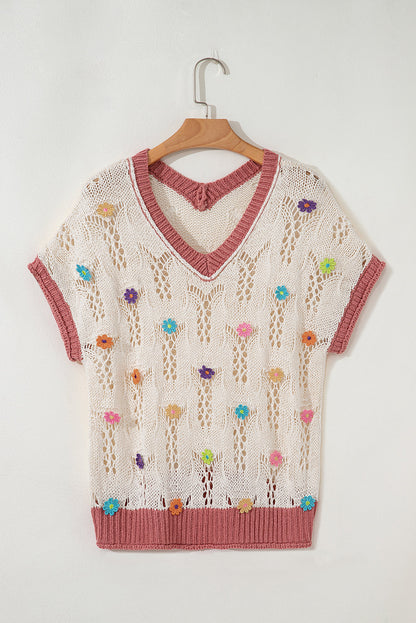 Flowers Embroidered Colorblock Edge Hollowed Sweater