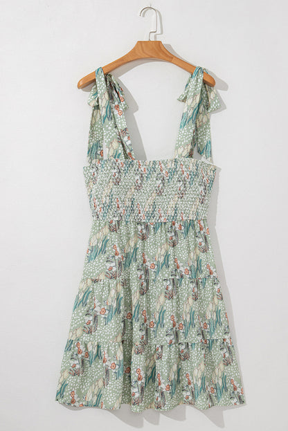 Floral Knot Strap Smocked Tiered Ruffle Dress