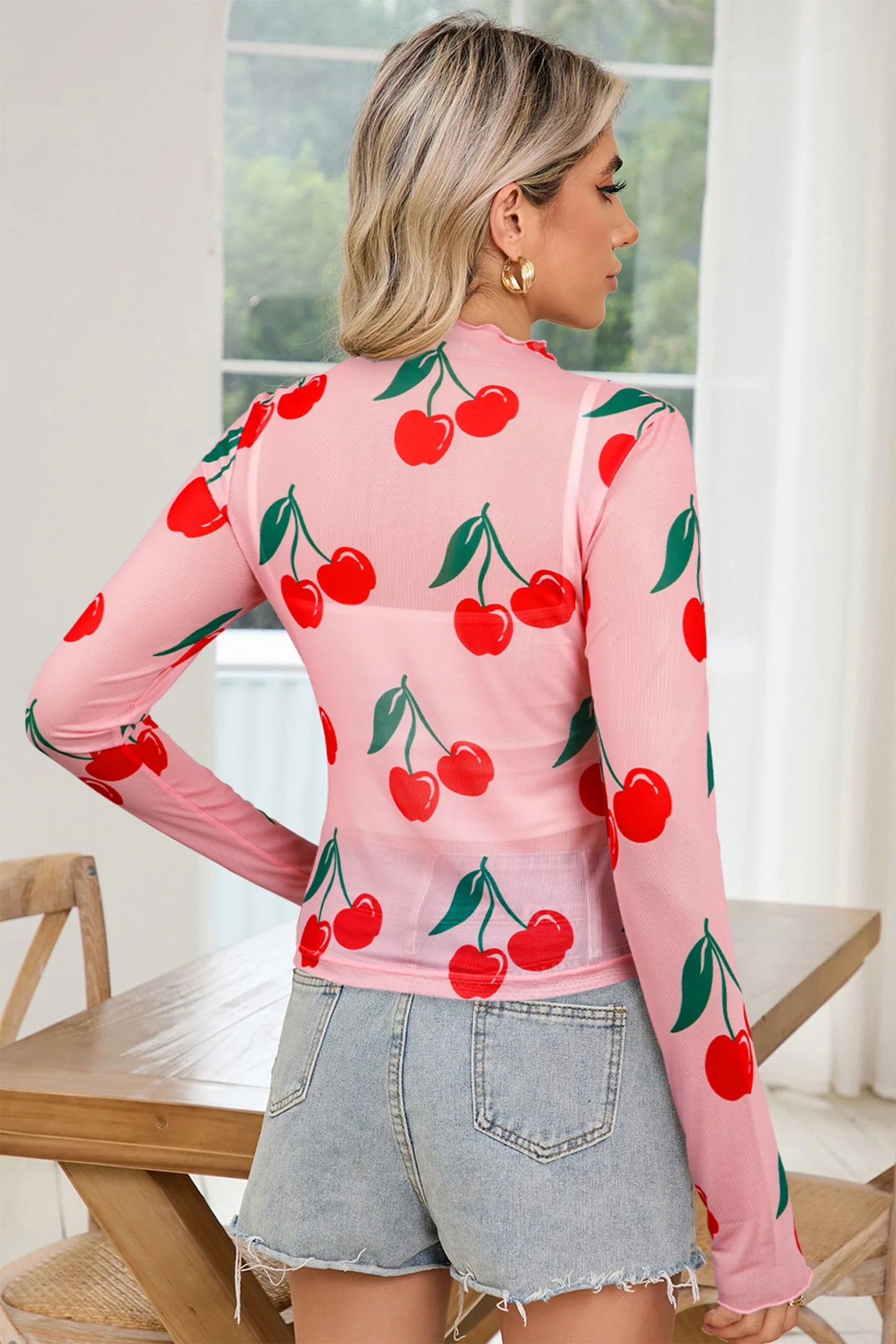 Cherry Lettuce Trim Long Sleeve Mesh Top