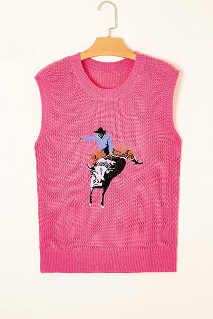 Western Cowboy Embroidered Round Neck Sleeveless Sweater