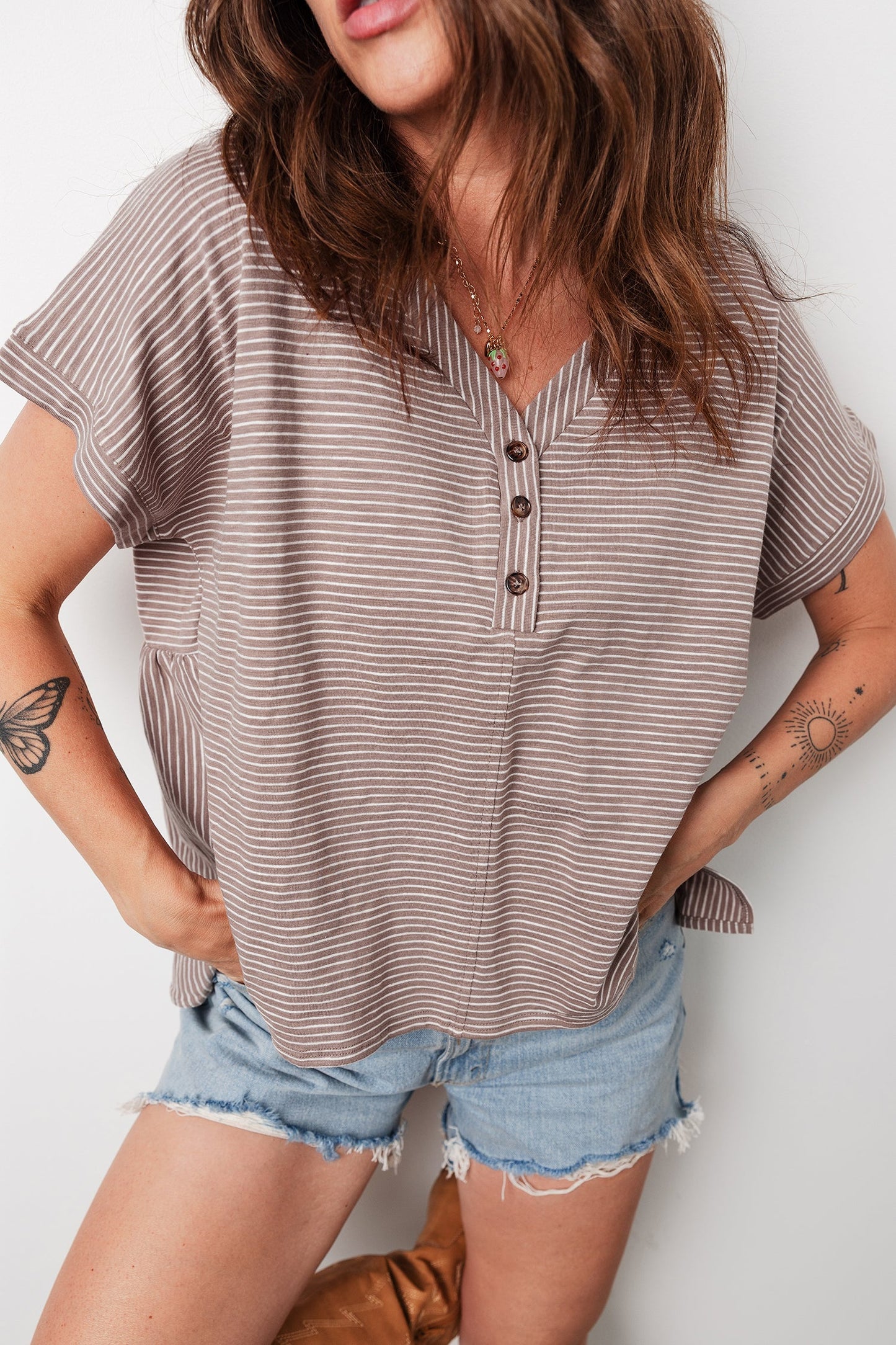 Stripe Buttoned V-Neck T-Shirt