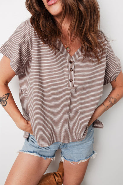Stripe Buttoned V-Neck T-Shirt