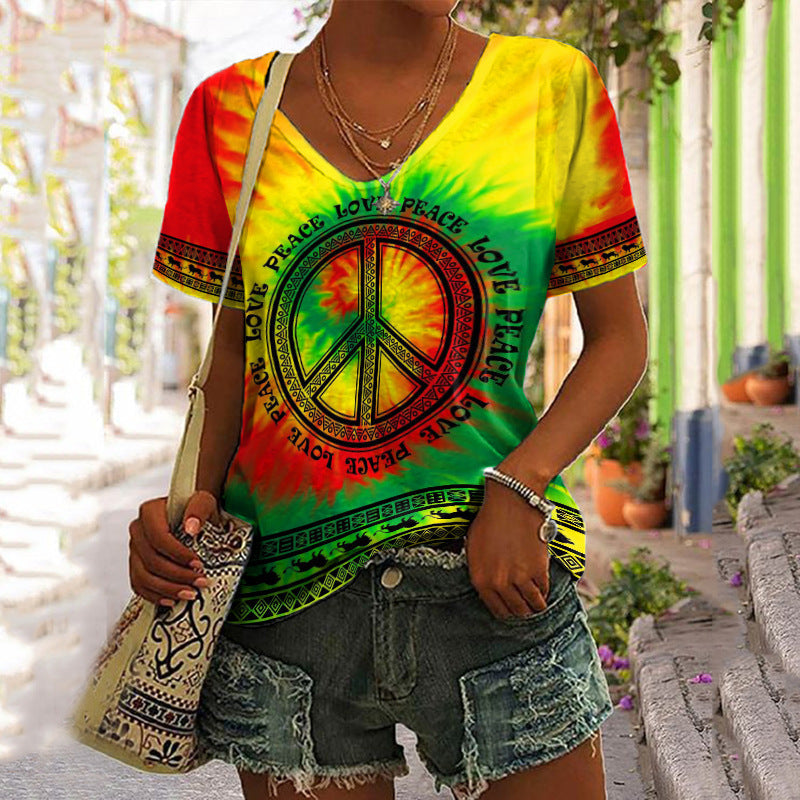 Cross-Border 3D Printed Loose V-Neck T-shirt for Women