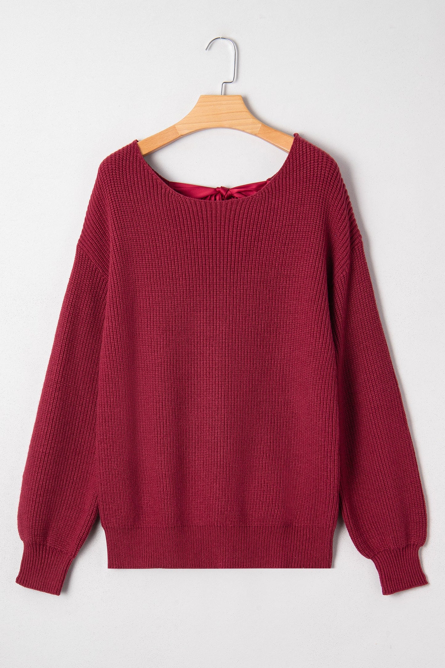 Ribbon Knot Backless Drop Shoulder Ribbed Sweater