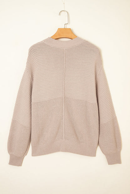 Ribbed Patchwork Textured Knit Puff Sleeve Sweater