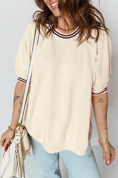 Varsity Stripe Neckline Cuff Short Sleeve Tunic