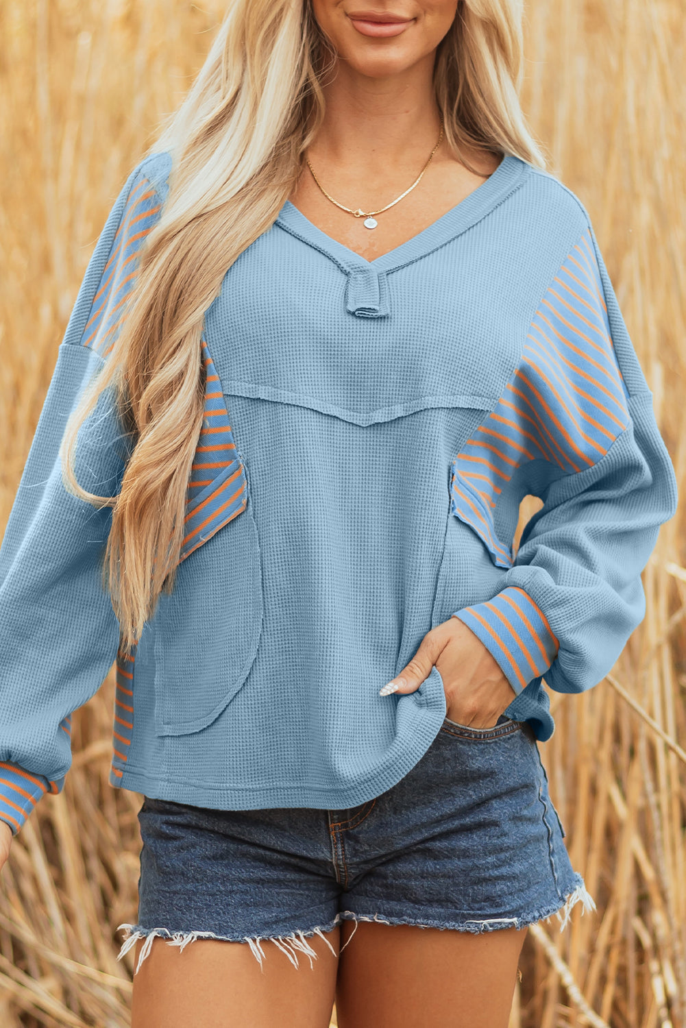 Stripe Patchwork Waffle Knit V-Neck Pullover
