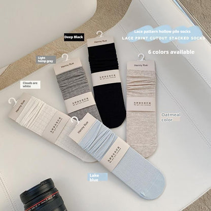 Lace Hollow Solidcolor Mid-calf Length Cotton Bunching Socks