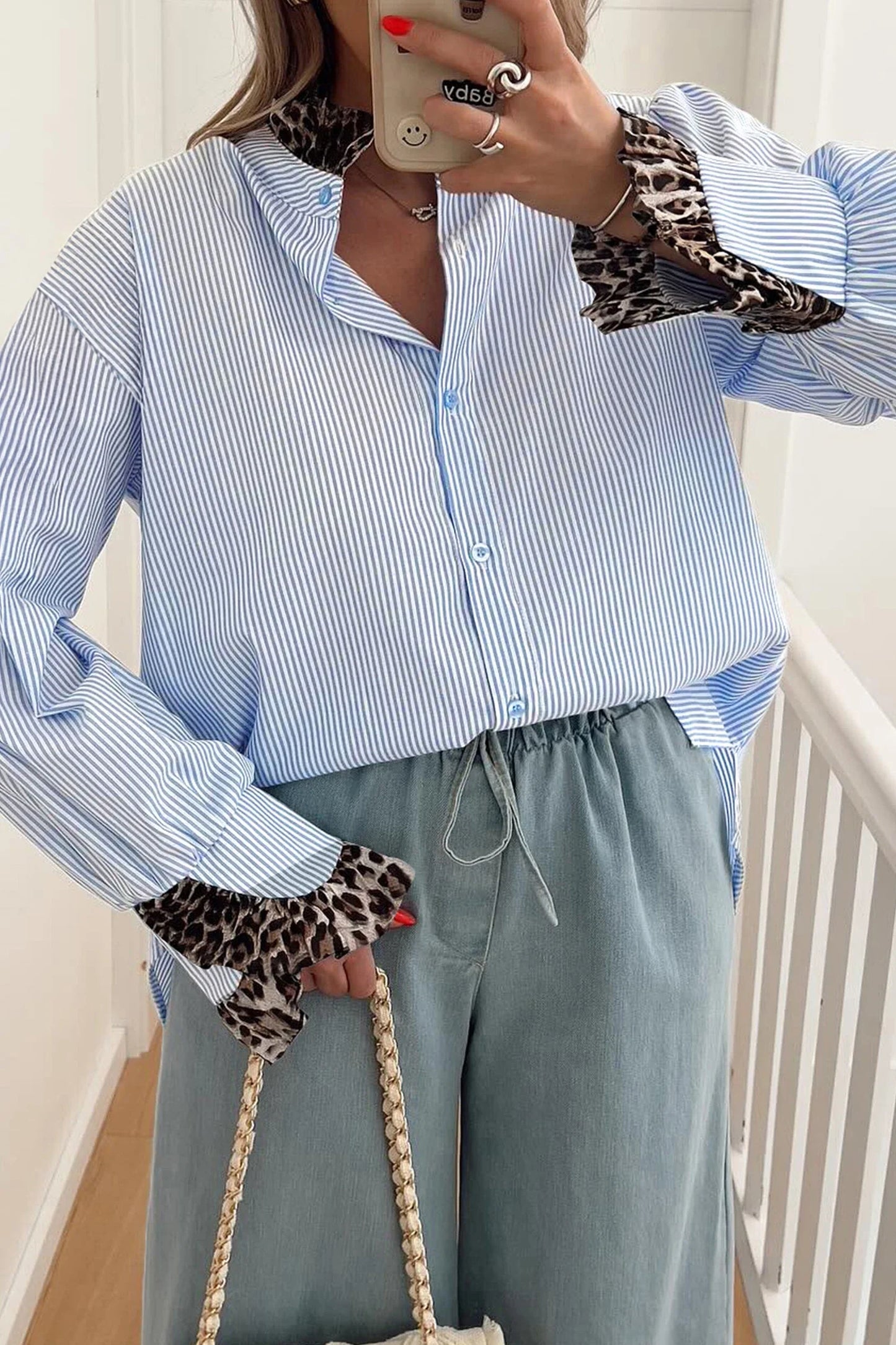 Leopard Patchwork Ruffle Stripe Long Sleeve Shirt
