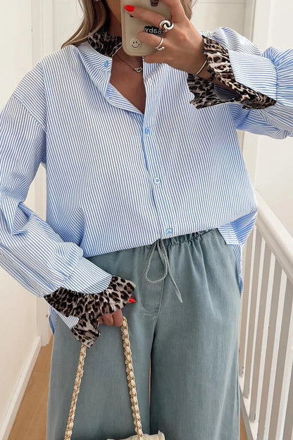 Leopard Patchwork Ruffle Stripe Long Sleeve Shirt