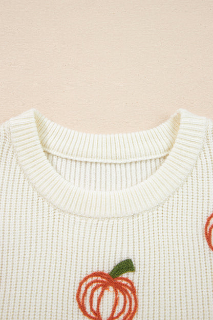 Halloween Pumpkin Embroidered Ribbed Thanksgiving Holiday Sweater