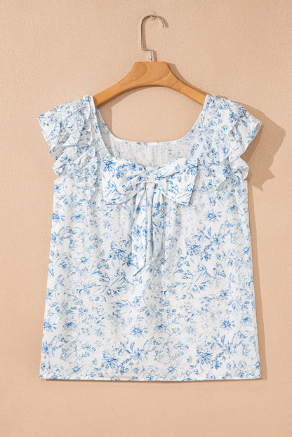 Floral Bow-Back Square Neck Ruffle Sleeve Blouse