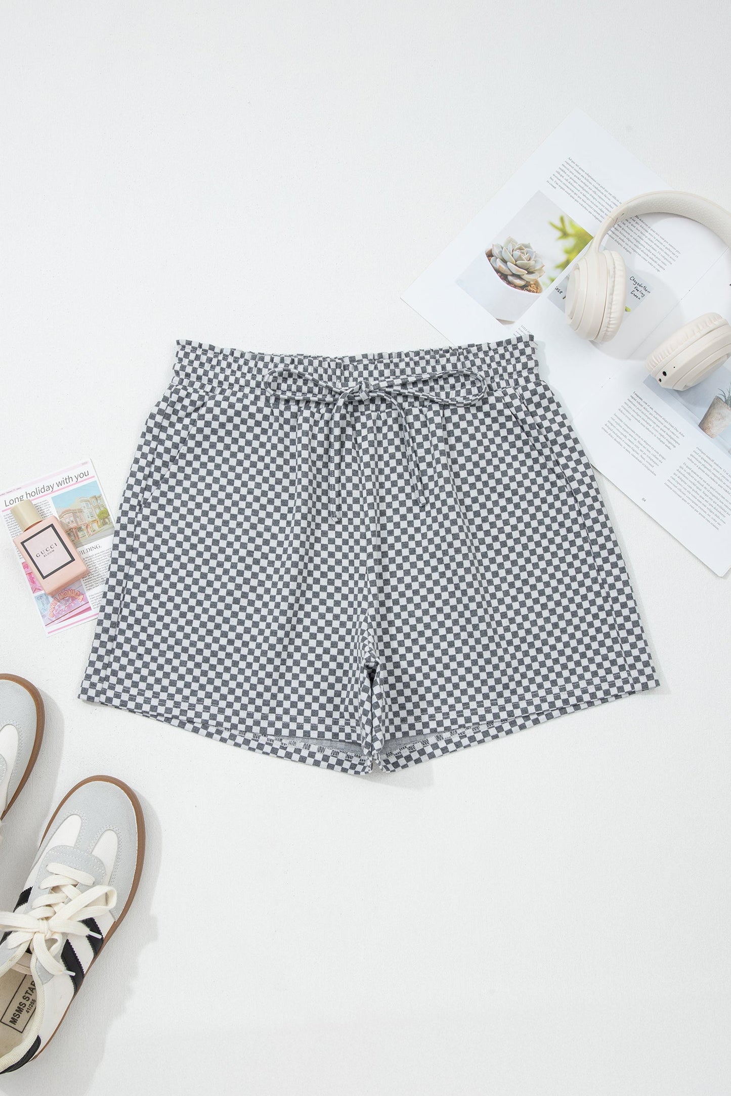 Checkerboard Drawstring Elastic Waist Pocket Shorts