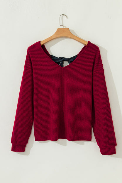 Bow Back Ribbed Knit V-Neck Drop Shoulder Top