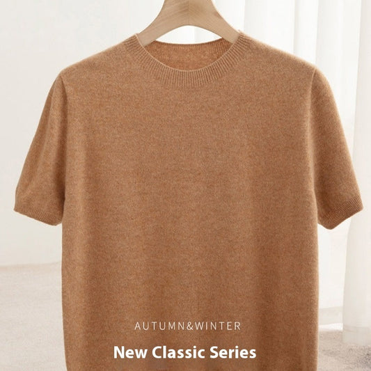 Knitted Short Sleeve Pure Wool Sweater Men's Round Neck