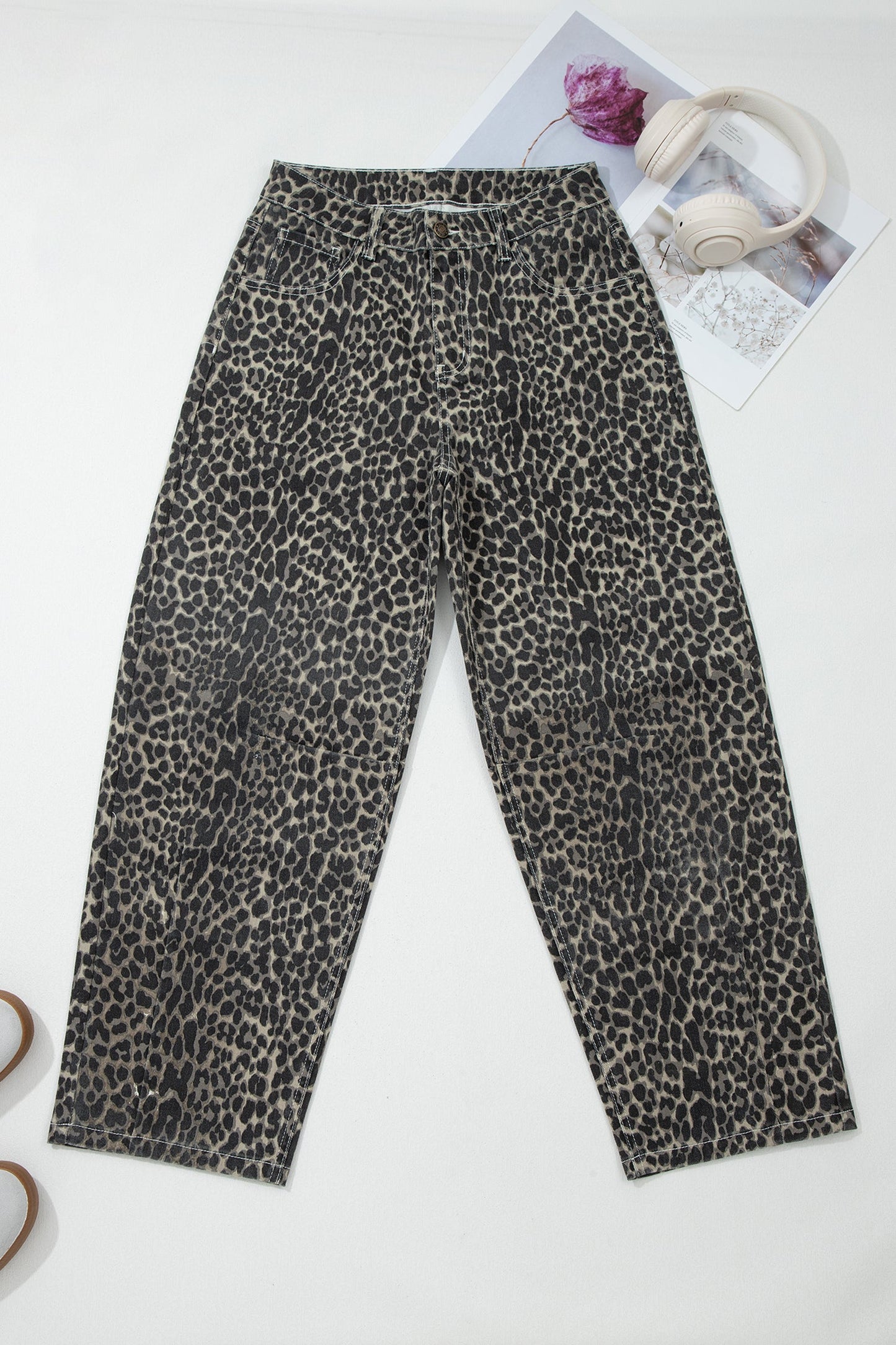Leopard High Waist Barrel Jeans