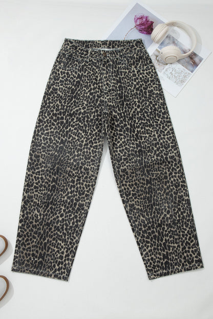 Leopard High Waist Barrel Jeans