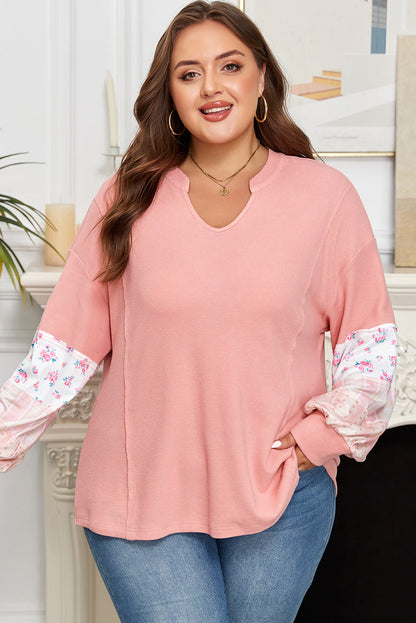 Plus Size Floral Patchwork Sleeve Waffle Knit Top