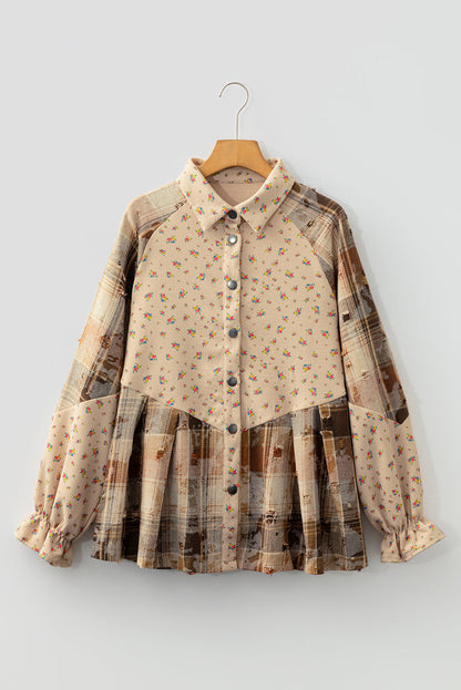 Floral Plaid Patchwork Ruffle Waffle Knit Shacket