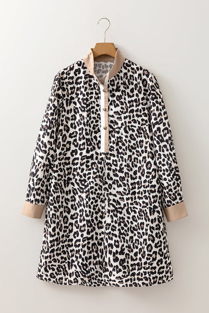 Leopard Stripe Collared Long Sleeve Flared Dress