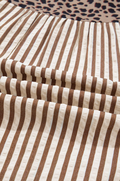 Stripe Leopard Trim V-Neck Buttoned Short Sleeve Shirt