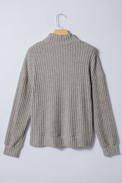 Solid Ribbed Knit Mock Neck Pullover Top