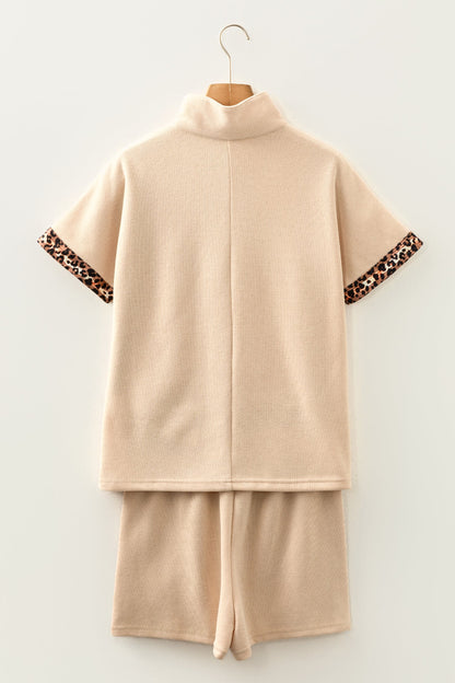 Leopard Trim Half-Zip Top and Shorts Set