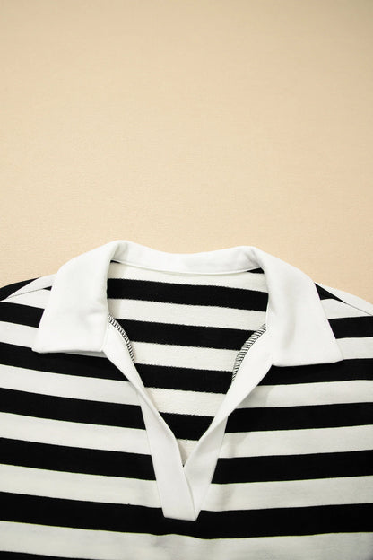 Stripe Collar V-Neck Ruffle Short Sleeve Blouse