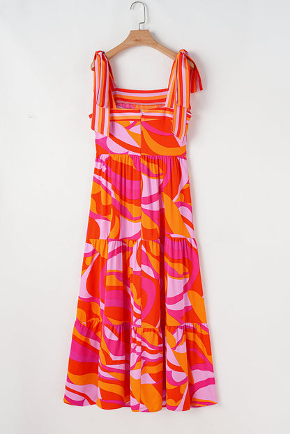 Abstract Knotted Shoulder High-Waist Maxi Dress