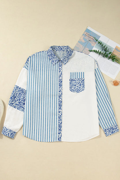 Plus Size Leopard Stripe Patchwork Button-Up Shirt