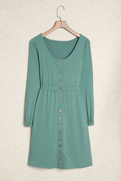 Solid Button-Up Scoop Neck Dress