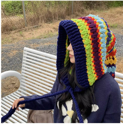 Ladies Coarse Yarn Rainbow Color Thickened Knitted Hat