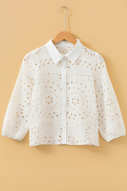 Eyelet Embroidered Puff Sleeve Cropped Shirt