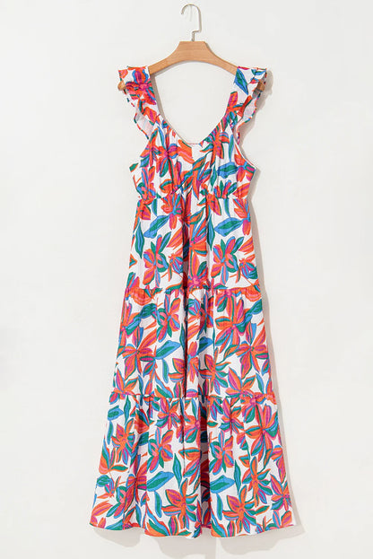 Floral Boho Ruffle Strap V-Neck Maxi Dress