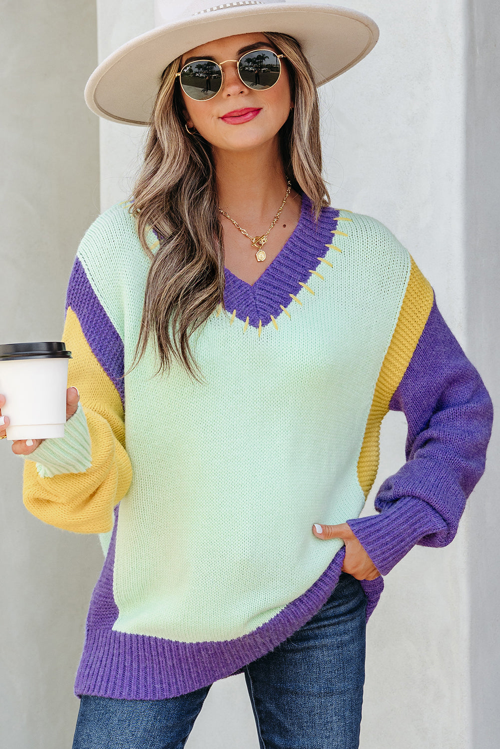 Color Block Stitched V-Neck Drop Shoulder Sweater
