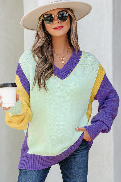 Color Block Stitched V-Neck Drop Shoulder Sweater