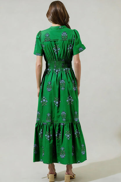 Floral Split-Neck Shirred High-Waist Maxi Dress
