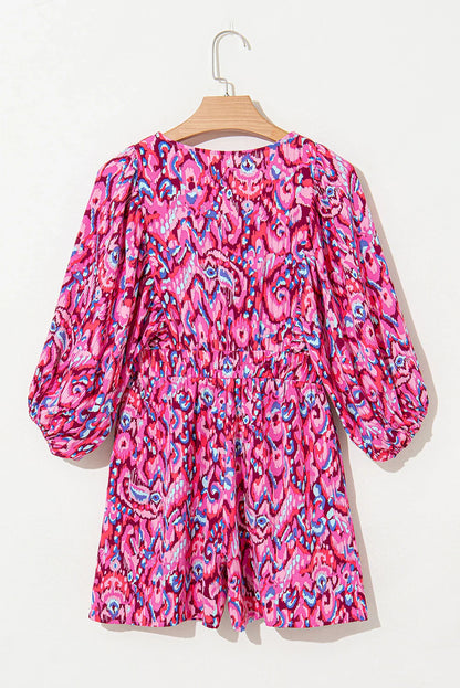 Abstract Puff Sleeve V-Neck High Waist Romper